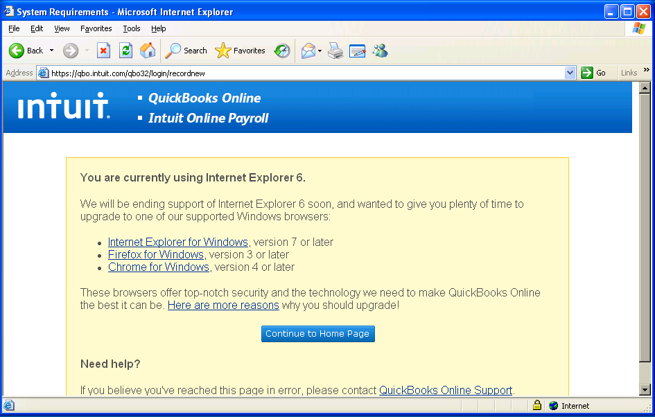 Quickbooks Online - IE6 Warning Message.