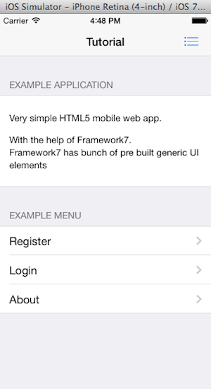 Framework7 application with PhoneGap framework