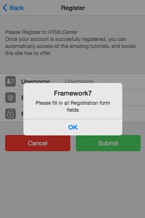 Framework7 registration form